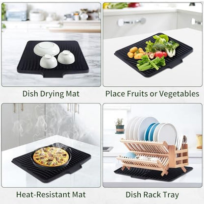 Silicone Dish Drying Mat 16x13,Food-Grade Silicone,Easy Clean Pad for Countertop Protection,Heat Resistant,Easy Clean,Non-Slip Drain Pad with Built-in Drain,Multi-Functional Use,Black - color: Black, size: 16" x 13"