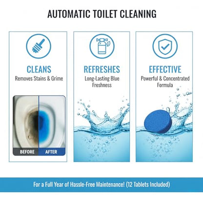 Toilet Cleaning Tablets | Fast-Dissolving, Long-Lasting Freshness | 12/24 Count | Safe for All Toilets, Septic Tanks & Pipes (12)