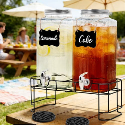 2 Pack 2 Gallon Glass Drink Dispenser Glass Beverage Dispenser with Stand Spigot Drink Coasters and Filter Leakproof Water Jar Clear Iced Drink Jug for Parties Juice Lemonade Picnics Fridge
