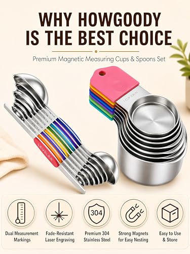 Magnetic Measuring Cups and Spoons Set304 Stainless Steel Dual Scale Set of 15, Strong N52 Magnetic Nesting Design with Leveler, for Dry&Liquid Ingredients, Dishwasher Safe(Colorful) - color: 7PCS Magnetic Measuring Cups & 8PCS Spoons Set Colorful