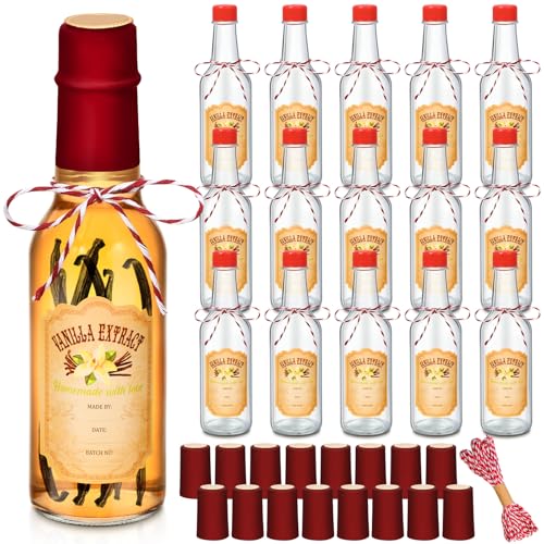 Tioncy 16 Pcs Empty Vanilla Extract Bottles for Homemade Vanilla Jar Glass Bottle with Cap, Shrink Band, Sticker DIY Crafts Wedding Gift Food Storage Canister for Bean(Red,3 oz) - color: Red, size: 3 oz