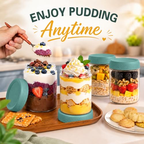 Overnight Oats Containers with Lids, Glass Storage Containers with Lids, Wide Mouth Mason Jars 16oz, Sugar Bowls, Airtight Glass jars for Chia Pudding, Yogurt, Salad Storage (6 Pack, Green) - color: Green