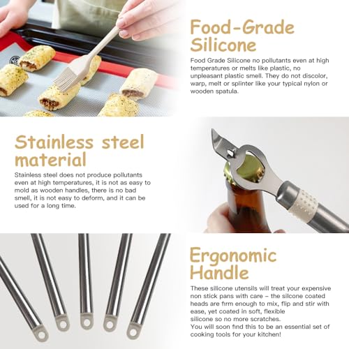 Kitchen Utensil Set-Silicone Cooking Utensils-33 Kitchen Gadgets & Spoons for Nonstick Cookware-Silicone and Stainless Steel Spatula Set-Best Kitchen Tools, Useful Pots (Khaki) - color: Khaki