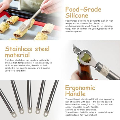 Kitchen Utensil Set-Silicone Cooking Utensils-33 Kitchen Gadgets & Spoons for Nonstick Cookware-Silicone and Stainless Steel Spatula Set-Best Kitchen Tools, Useful Pots (Khaki) - color: Khaki