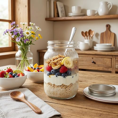 SUT Clear Wide Mouth Mason Jars 32 oz,9 Pack Quart Mason Jars With Airtight lids and Bands,Canning Jars 32 oz for Preserving,Meal Prep,Overnight Oats,Fermenting - color: Stripe