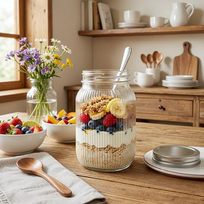 SUT Clear Wide Mouth Mason Jars 32 oz,9 Pack Quart Mason Jars With Airtight lids and Bands,Canning Jars 32 oz for Preserving,Meal Prep,Overnight Oats,Fermenting - color: Stripe