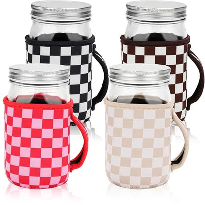 KJQJLY 4 Pcs Mason Jars Sleeves Neoprene 32oz Regular and Wide Mouth Mason Jar Sleeves Holder with Handle (Checkered, 32 OZ) - color: Checkered, size: 32 OZ