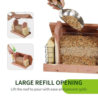 Solution4Patio US Cedar Hopper Bird Feeder for Outdoors Hanging, Handcrafted Wood Double Suet Cage & Clear View Windows, Squirrel-Proof Wild Bird Feeder for Cardinals, Finches, Chickadees - style: Rectangle