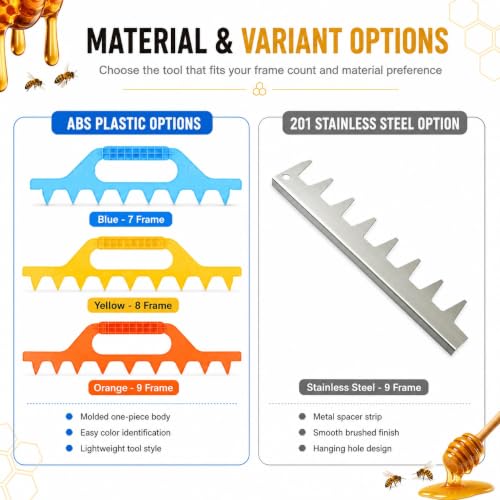 Beehive Frame Spacer Tool, Hive Frame Spacing Rake for 7/8/9 Frame Layout, ABS Plastic or 201 Stainless Steel Beekeeping Spacer for Even Hive Frame Alignment(Yellow - 8 Frame) - color: Yellow - 8 Frame