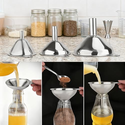 Stainless Steel Funnel Set, 3-Piece Food Grade Kitchen Funnels Large Medium Small, with Cleaning Brushes for Filling Bottles Jars Containers, Cooking Oil Transfer Tools