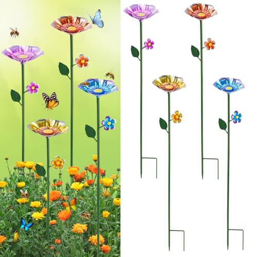 4 Pack Bee Watering Station, Bee Bath for Garden, Colorful Metal Bee Bird Butterfly Water Feeder Supplies for Outdoor Garden Yard Farm Decor Flower Design (Blue, Yellow, Orange, Purple)