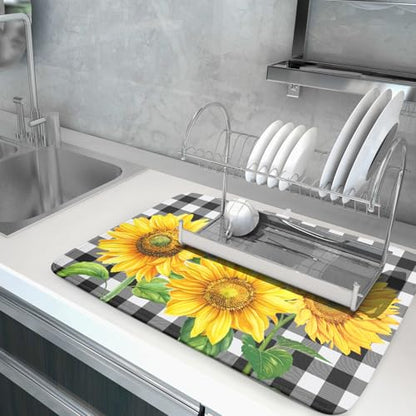 Sunflower Dish Drying Mat for Kitchen Counter Black White Buffalo Plaid Microfiber Absorbent Dish Draining Reusable Washable Foldable Extra Large 18"x24" - size: 24" x 18"