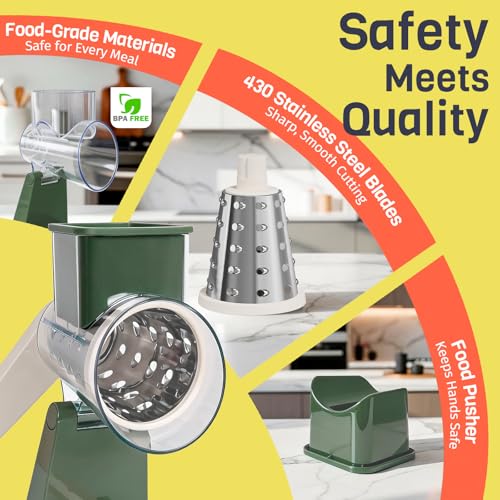 Upgraded Rotary Cheese Grater with 3 Interchangeable Stainless Steel Drums, One-Press Powerful Suction Manual Vegetable Shredder & Slicer for Kitchen, 15pcs Storage Bags Included, Olive Green - color: Olive Green