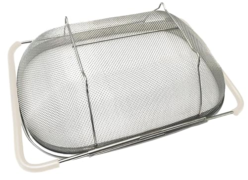 AJIODA Over The Sink Colander, 6 Quarts Stainless Steel Oval Colander with Expandable Rubber Grip Handle, Fine Mesh Strainer Baskets Kitchen Colanders for Strain, Drain, Rinse Vegetable, Fruits, Beige - color: Beige, size: Large
