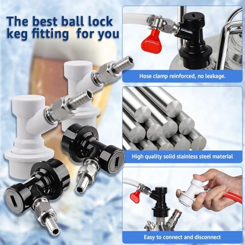 2 Pairs Ball Lock Keg Fittings Beer Corny Keg Connectors with Stainless Steel 5/16" Gas & 1/4" Liquid Barbs and MFL Thread Swivel Nuts for Homebrew with 4 PCS Hose Clamps