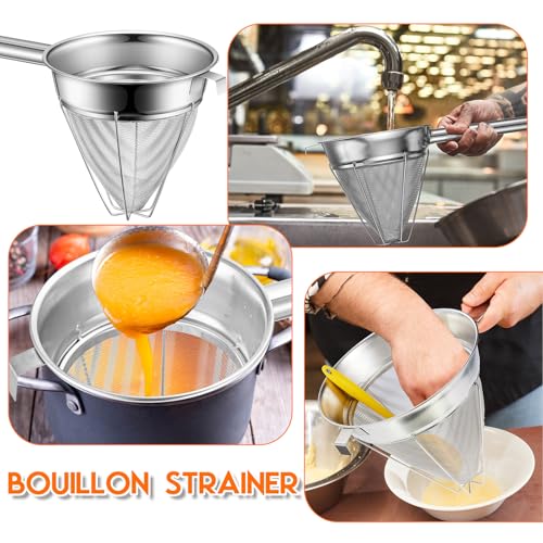 SiliFine Stainless Steel Reinforced Bouillon Sieve Strainer Cone Fine Mesh Strainer with Handle and Rubber Pestle for Kitchen Food Cooking(8 Inch) - size: 8 Inch