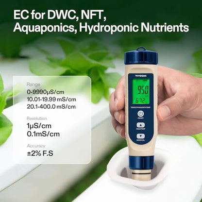 VIVOSUN 5-in-1 Digital PH Meter with PH/Salinity/TDS/EC/Temperature Function, Backlight Screen, IP67 Waterproof for Hydroponics, Home Drinking, Pool and Aquarium - color: Blue