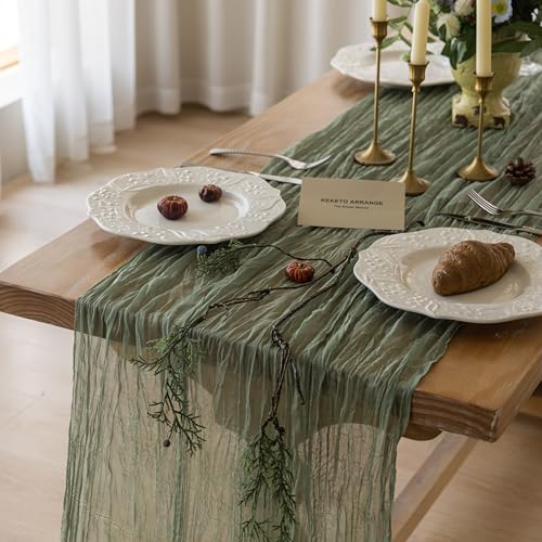 Keketoarrange 6pcs Sage Green Table Runner Sheer Table Runner French Country Rustic Gauze Bali Yarn Cheesecloth 120 Inch 10 FT Cheese Cloth for Wedding Baby Bridal Shower Party Summer Home Decorations - color: Sage Green, size: 6pcs 10ft
