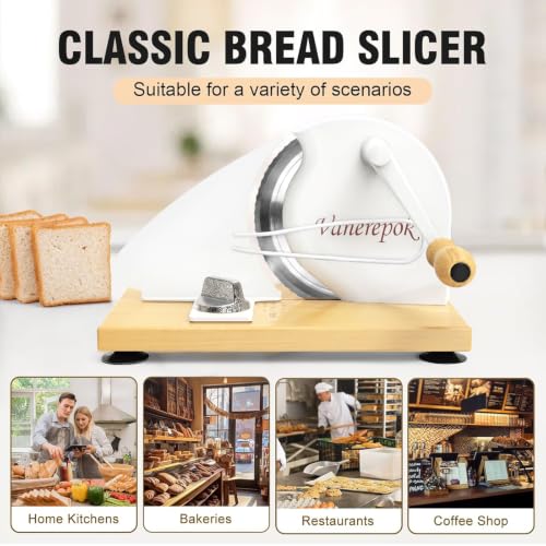vanerepok Manual Bread Slicer Adjustable Thickness for Homemade Sourdough | Hand Crank Bread Cutter with Scale & Stable Suction Cups & Wood Base for Even Slicing Perfect Baking Gift for Home Bakers - color: PureWhite