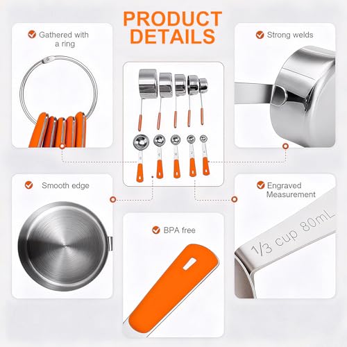 Bopei Measuring Cups and Spoons Set Stainless Steel 10 Piece for Cooking and Baking (5 Cups + 5 Spoons, Orange Handle) - color: Orange