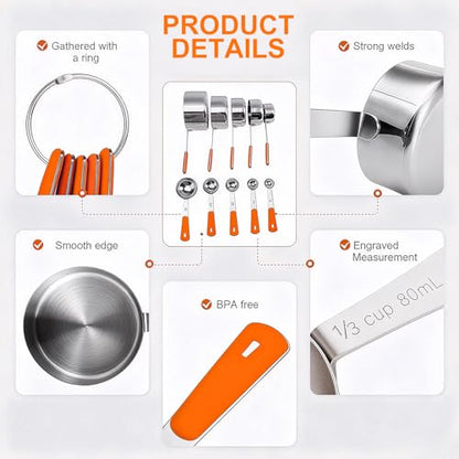 Bopei Measuring Cups and Spoons Set Stainless Steel 10 Piece for Cooking and Baking (5 Cups + 5 Spoons, Orange Handle) - color: Orange