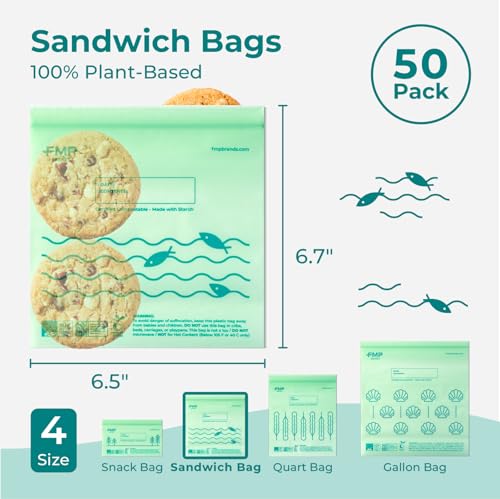Fit Meal Prep 50 Pack 100% Compostable Sandwich Bags, 6.5 x 6.7" Resealable Food Storage Freezer Bags, Eco Friendly Snack Bags for Travel, ASTM D6400, US BPI & EU OK Compost Certified - style: Sandwich