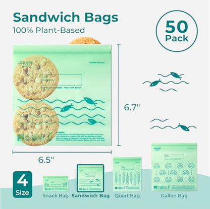 Fit Meal Prep 50 Pack 100% Compostable Sandwich Bags, 6.5 x 6.7" Resealable Food Storage Freezer Bags, Eco Friendly Snack Bags for Travel, ASTM D6400, US BPI & EU OK Compost Certified - style: Sandwich