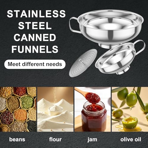 3 Piece Stainless Steel Canning Funnel Set with Strainer, Wide Mouth Mason Jar Funnels for Kitchen, Metal Funnel for Filling Bottles, Canning Supplies for Preserving, Dishwasher Safe - color: Silver 3pcs
