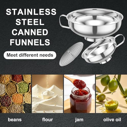 3 Piece Stainless Steel Canning Funnel Set with Strainer, Wide Mouth Mason Jar Funnels for Kitchen, Metal Funnel for Filling Bottles, Canning Supplies for Preserving, Dishwasher Safe - color: Silver 3pcs