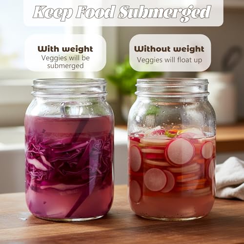 2 Pcs Glass Fermentation Weight Set, 3.7 inch Large and Heavy Jar Glass Fermenting Weights with Easy Grip Handles for Wide Mouth Mason Jars Sauerkraut Kimchi