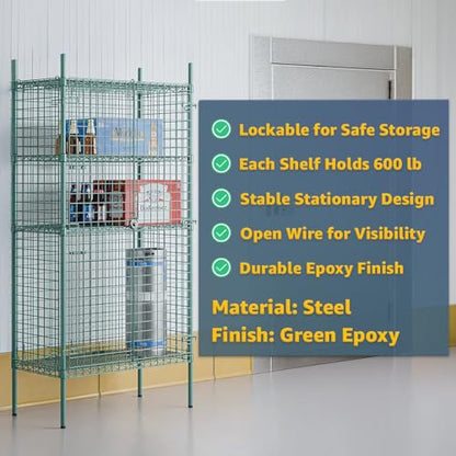18" x 60" x 74" NSF Heavy Duty Green Epoxy Wire Shelves with Security Cage Kit, 4 Tier Metal Commercial Storage Rack - color: Green, size: 18" x 60" x 74"