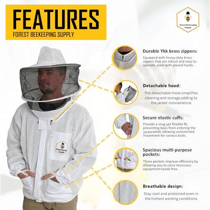 Ventilated Bee Jacket for Men and Women with Gloves and Detachable Round Veil, 3-Layer Beekeeping Jacket, YKK Brass Zippers (2XL) - size: 2XL