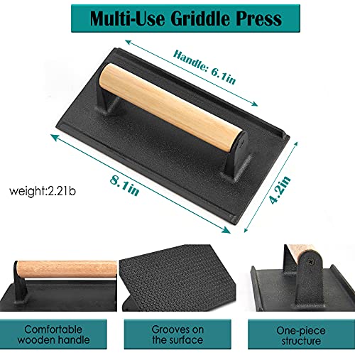 HaSteeL Melting Dome & Burger Press for Griddle, Stainless Steel 9In Basting Cover & Heavy Duty 8 x 4In Wooden Grill Press, Griddle Accessories Set Perfect for Flat Top Teppanyaki Cast Iron Outdoor - size: 9" Dome & Rectangle Press
