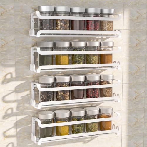 LUCYCAZ 4 Pack Wall Mounted Spice Rack for Kitchen Cabinet,RV,Camper,White | 16 Metal Hooks, Space-Saving,Screw or Adhesive Spice Shelf Hanging,for Pantry Door Spice Jars & Seasonings,11.41×2.75×2.36in - color: White, size: 4 PACK