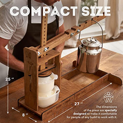 Dutch Wooden Cheese Press - Cheese Making Kit (Wooden Cheese Press with Lever and 2 Cheese Molds 1.2L)-Cheese Press for Home Cheese Making pressure up to 200 lbs