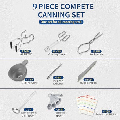Canning Supplies Starter Kit,Canning Kit for Beginners of 9 with Jar Lifter，Wide Mouth Funnel,Wrench,Tongs,Lid Lifter,Bubble Popper,Canning Labels,ladle,Measuring spoon-Gray - color: X9-Gray