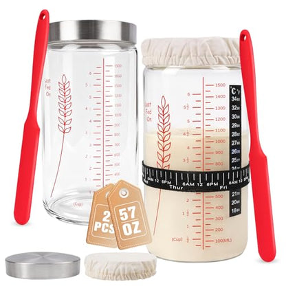 57oz Sourdough Starter Jars, Extra Large Complete Baking Kit | Sour Dough Starter Jars Includes Fermentation Cover & Aluminum Airtight Lid for Perfect Sourdough Bread (Red Set of 2) - size: Tall - Red 2 Pack