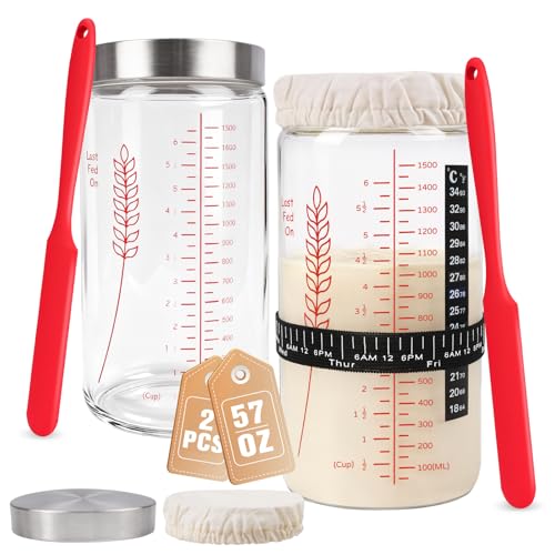 57oz Sourdough Starter Jars, Extra Large Complete Baking Kit | Sour Dough Starter Jars Includes Fermentation Cover & Aluminum Airtight Lid for Perfect Sourdough Bread (Red Set of 2) - size: Tall - Red 2 Pack