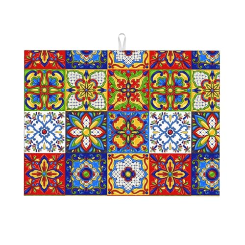 Mexican Dish Drying Mat for Kitchen Counter 18 x 24 inch Mexican Talavera Pattern Dish Drainer Rack Mats with Hanging Loop Colorful Floral Tile Dishes Drainer Pads Boho Drying Pad for Home - color: blue red
