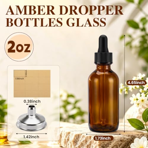 2 oz Glass Dropper Bottles with 6 Stainless Steel Funnels & 48 Labels, Amber Tincture Bottles with Dropper for Essential Oils, Liquid Extracts, Beauty & Personal Care (40 Pack)