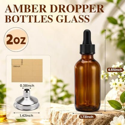 2 oz Glass Dropper Bottles with 6 Stainless Steel Funnels & 48 Labels, Amber Tincture Bottles with Dropper for Essential Oils, Liquid Extracts, Beauty & Personal Care (40 Pack)