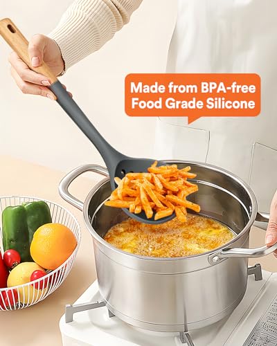 Kitchen Ladle Strainer, Large Slotted Spoon with High Heat Resistant BPA Free, Non Stick Cooking Skimmers For Draining & Frying, 13.2inch (Grey) - color: Gray