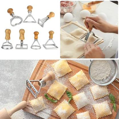Tiiyee Ravioli Stamp Set, Pasta Cutter Press Dumplings Maker Mold Dough Dumpling Crimper Cookies Making Tool Wooden Handle Fluted Edge Kitchen Attachment Round Square Heart Shape for Lasagna Pierogi