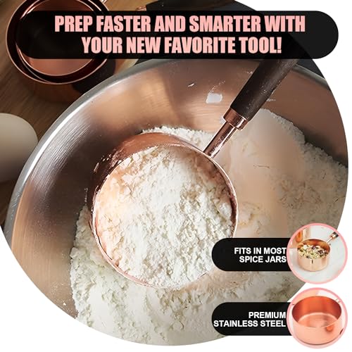 SHIKORI Gold Measuring Cups and Spoons Set with Wood Handles, Premium Stainless Steel Measuring Spoons and Measuring Cups Set, For Cooking and Baking in the Kitchen-Rose Gold-4Cups - color: Rose Gold-4Cups