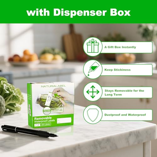 NATURALABEL 300 PCS Removable Freezer Labels with Dispenser - 1" x 3" Food Labels for Meal Prep Containers, Easy Peel-Off Design, No Residue (Green) - color: Preprinted-green