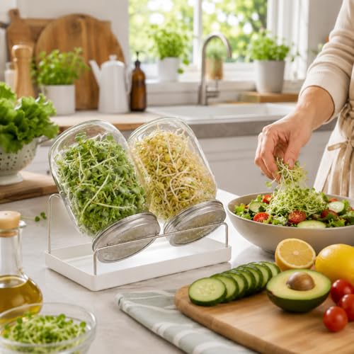 4 Pack Seed Jar Sprouter Kit - Wide Mouth 32oz Mason Jars with Stainless Steel Screen Lids - Blackout Sleeves for Mung Bean & Alfalfa - Complete Sprouting Jar Set with Stand & Drip Tray