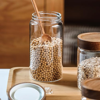 28 fl oz/850 ml Clear Glass Storage Canister with Airtight Wooden Screw Lid, Medium Cute Decorative Glass Container Jar for Coffee,Candy,Salt,Cookie,Condiment,Pepper,Sugar,Overnight Oatmeal