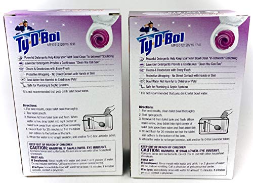Ty D Bol Toilet Cleaning Tablets with Continuous Clean With Lavender color to deodorize your Toilets for a Fresh Smelling Bathroom 10 tabs (2-5 count packs)