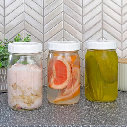 Cornucopia Brands Wide Mouth Plastic Mason Jar Lids (24-Pack Bundle); 2 Dozen Unlined White Ribbed Lids, 86-450 Size