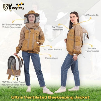 3 Layer Ventilated Sting Proof Bee Jacket for Men & Women, Premium Beekeeping Jacket with Gloves & Two Beekeeper Veils. (Brown J/S) - color: Brown, size: Small